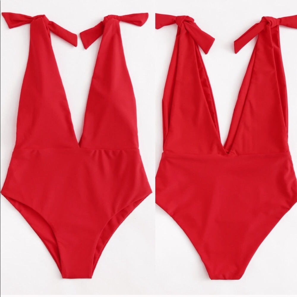 New Red One Piece Swimsuit with Ties